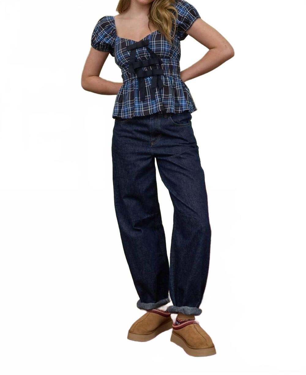 NEW BLU PEPPER plaid bow tie front puff sleeve peplum blouse top in blue